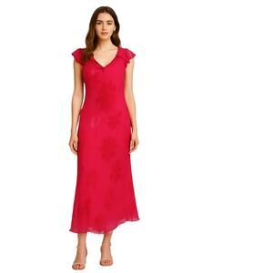 Paradise NY Pink Red Floral Beaded Midi Dress Bias Cut Y2K Romantic Boho (XL)